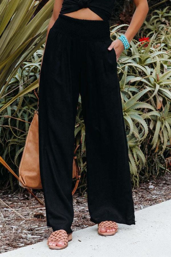 Pantaloni estivi larghi da donna con coulisse arricciata – Pantaloni da spiaggia ariosi con vita alta e taglio palazzo