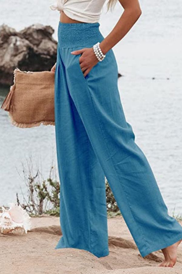 Pantaloni estivi larghi da donna con coulisse arricciata – Pantaloni da spiaggia ariosi con vita alta e taglio palazzo