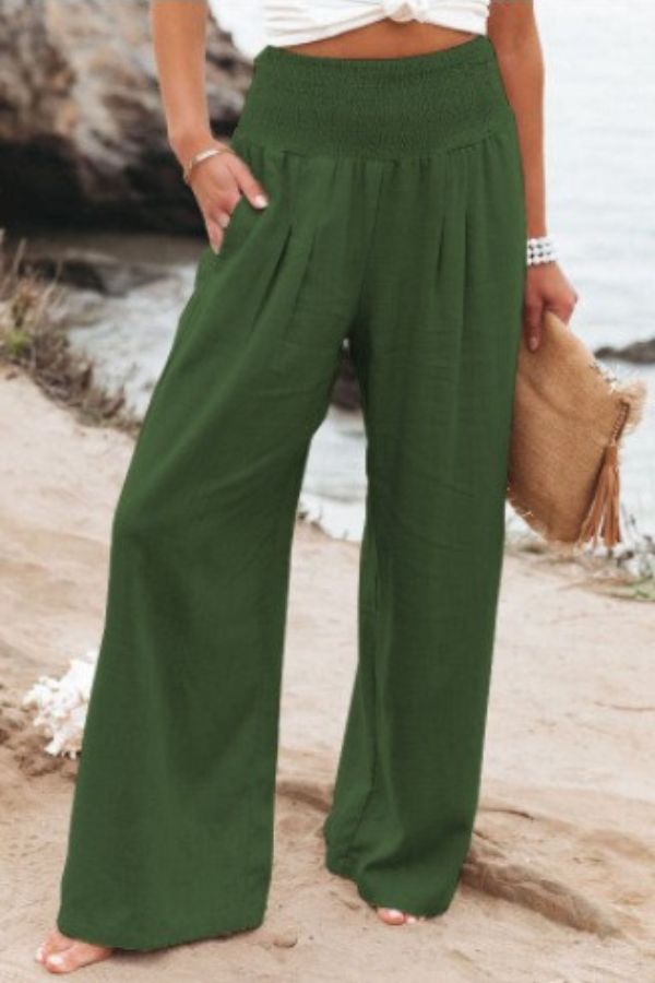 Pantaloni estivi larghi da donna con coulisse arricciata – Pantaloni da spiaggia ariosi con vita alta e taglio palazzo