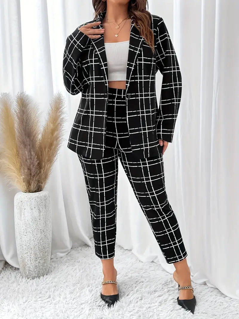 Ensemble blazer à carreaux chic Veste blazer à revers & pantalon fuselé