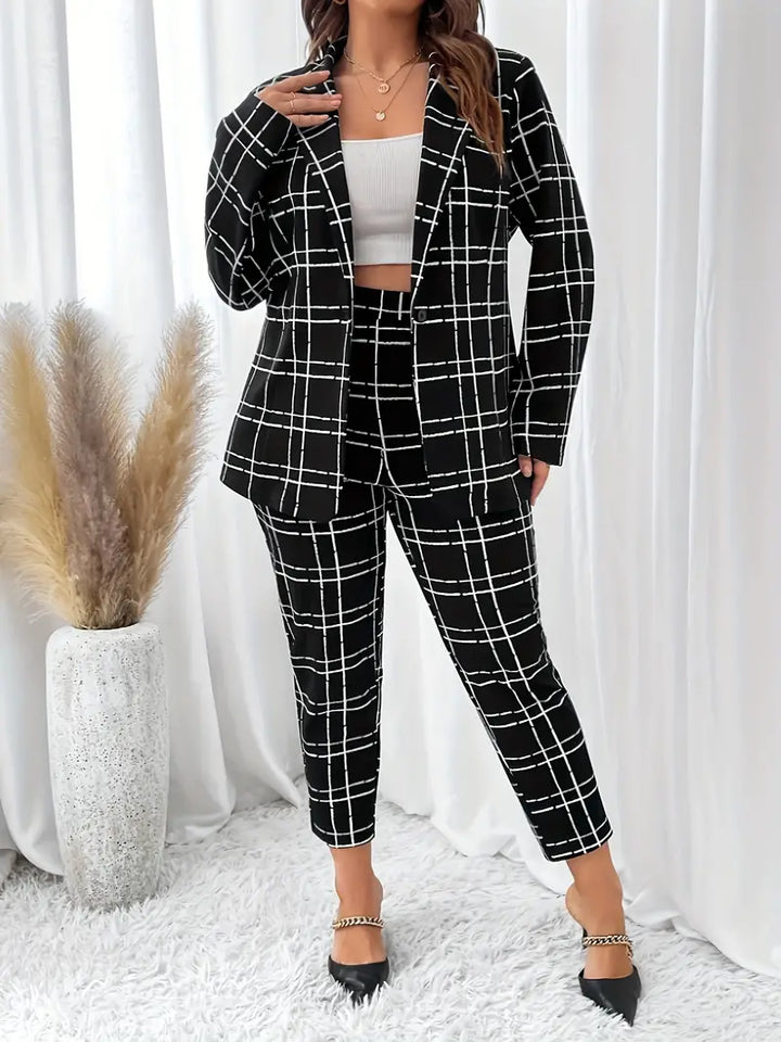 Ensemble blazer à carreaux chic Veste blazer à revers & pantalon fuselé