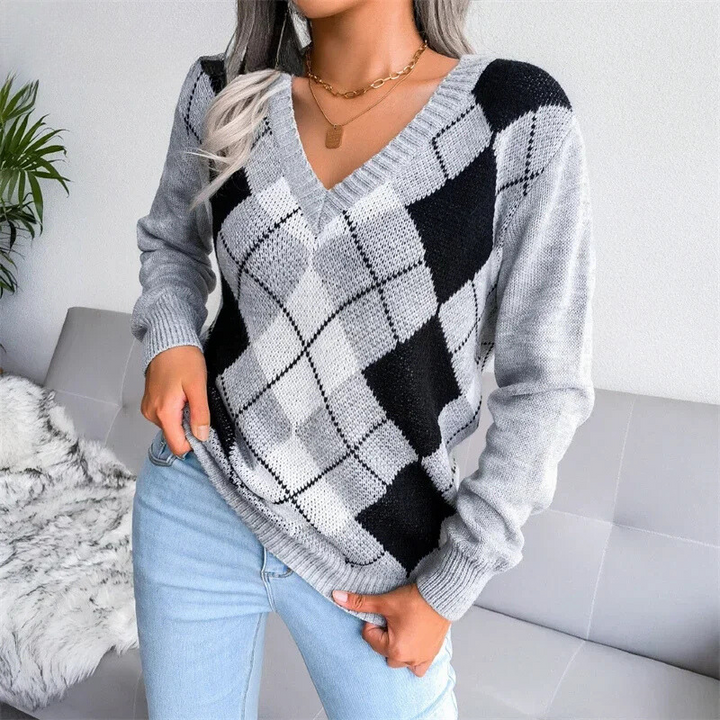 Natalia - pull d'hiver avec col en V et motif à carreaux