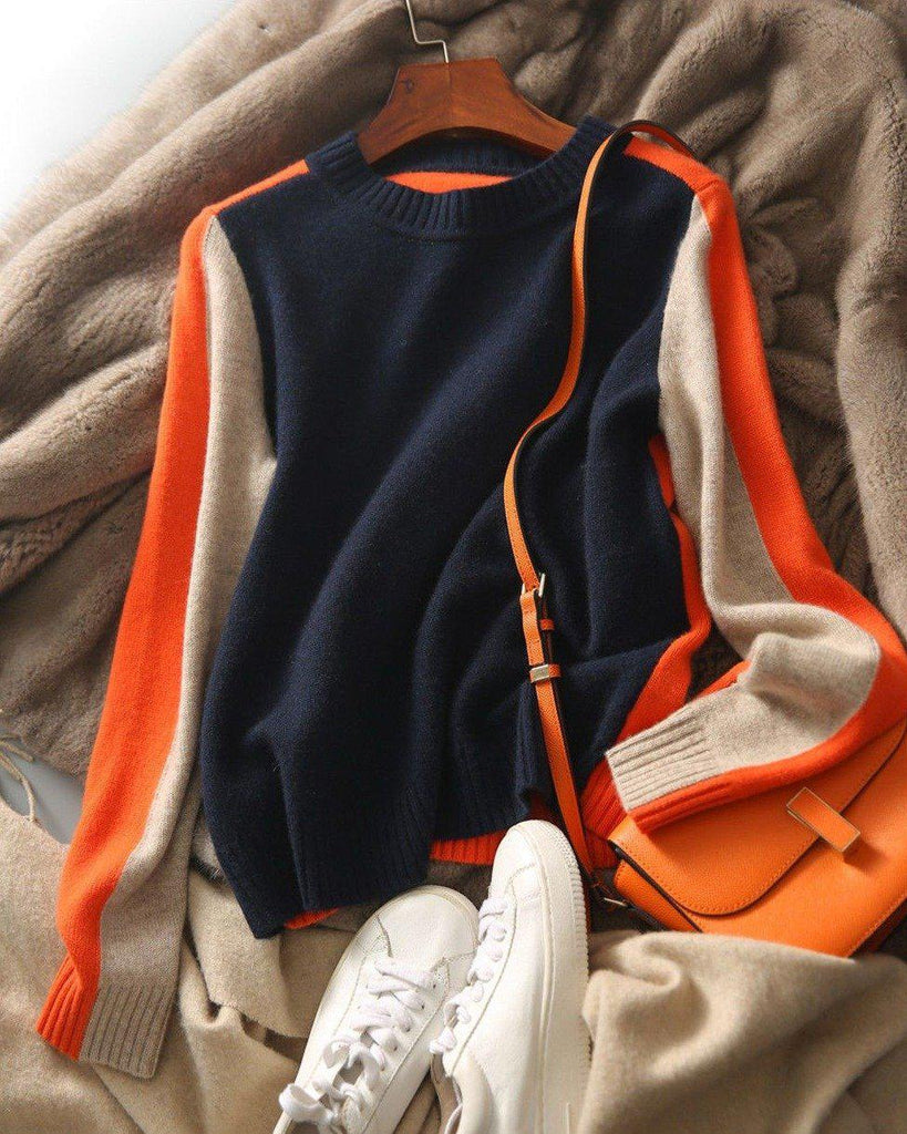Aquisha | Pull pour femmes avec rayures rétro en marine et orange