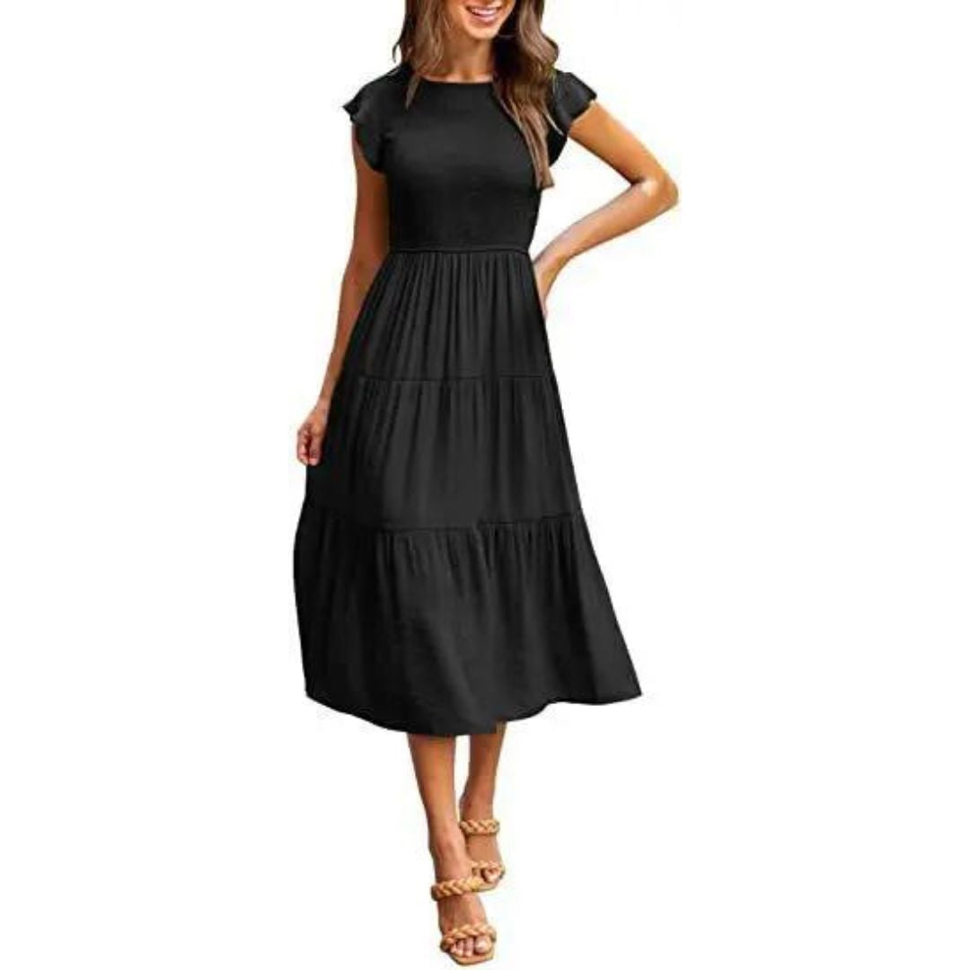 Damen Sommerkleid mit Smok-Oberteil – Luftiges Midikleid mit kurzen Ärmeln & Stufenrock für Alltag & Urlaub