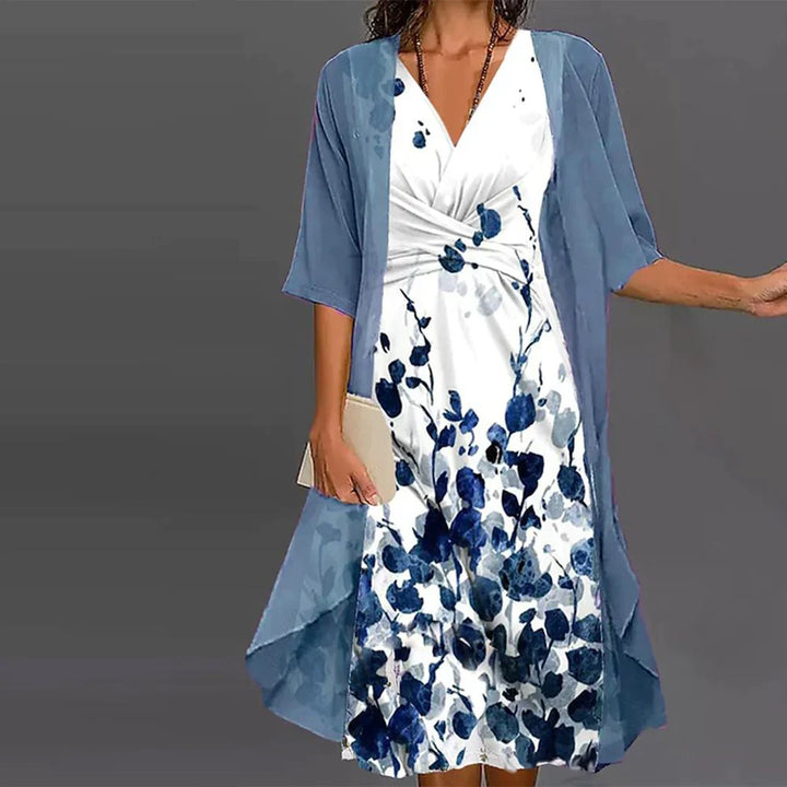 Damenkleid mit floraler Musterung und Chiffon-Cover-Up – Elegantes Sommerkleid mit V-Ausschnitt & Faltenwurf – 2-in-1 Outfit für Festlichkeiten