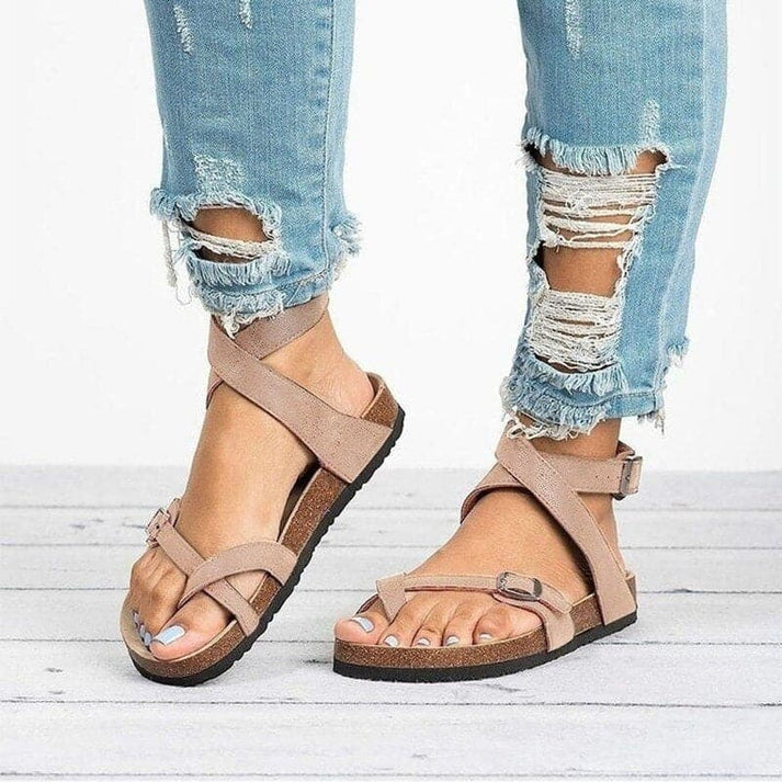 Sandales pour femmes avec brides croisées et boucle réglable – Chaussures d'été confortables avec semelle en liège