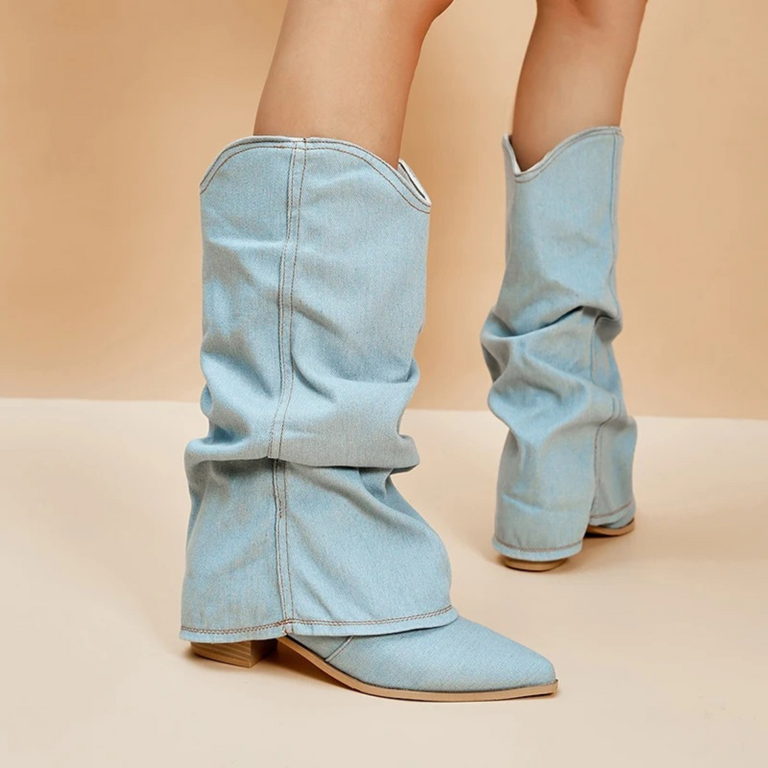 Franjes - bottes en denim plissées avec talon bloc