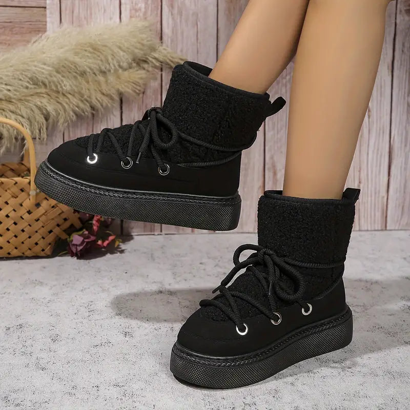 Bottes de neige mi-mollet, plateforme épaisse, semelle souple, lacets