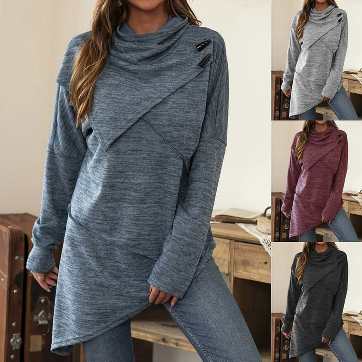 Sweat à capuche asymétrique pour femme – Pull long avec col châle croisé et détails à boutons