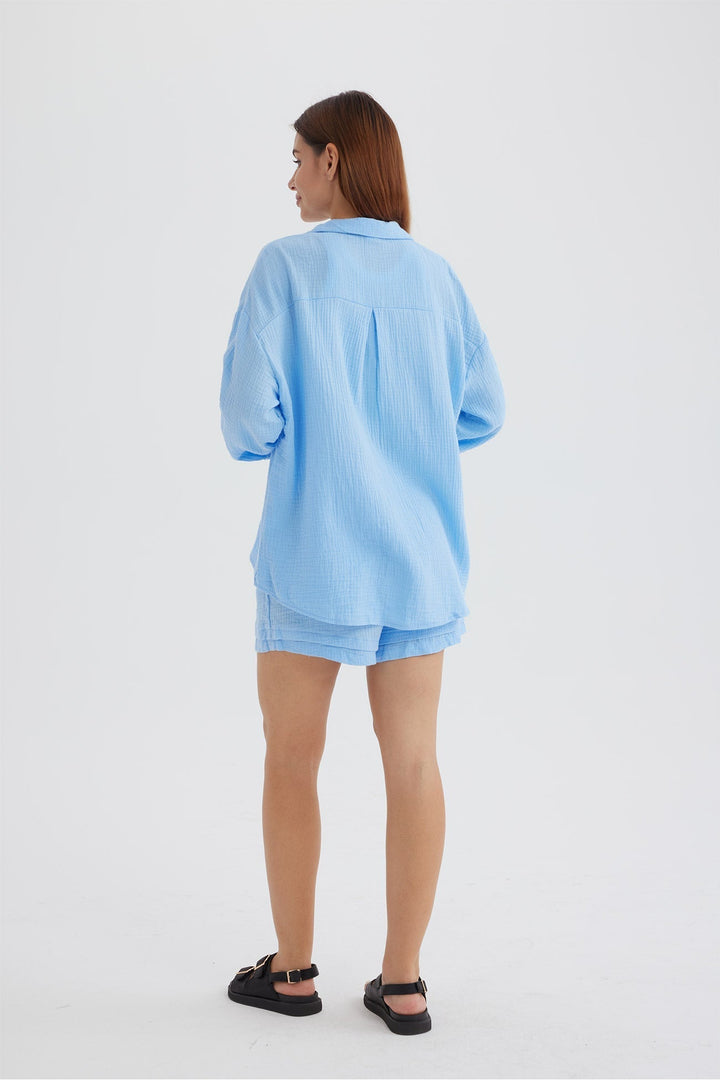 Set estivo da donna in due pezzi – Camicia oversize & shorts a vita alta in mussola di cotone