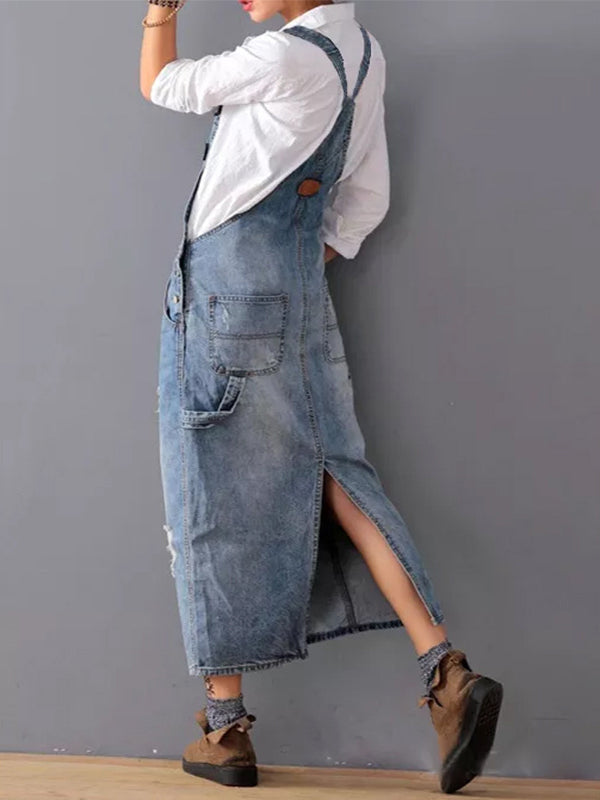 Combinaison en jean vintage pour femmes – Salopette décontractée avec bretelles réglables et aspect usé