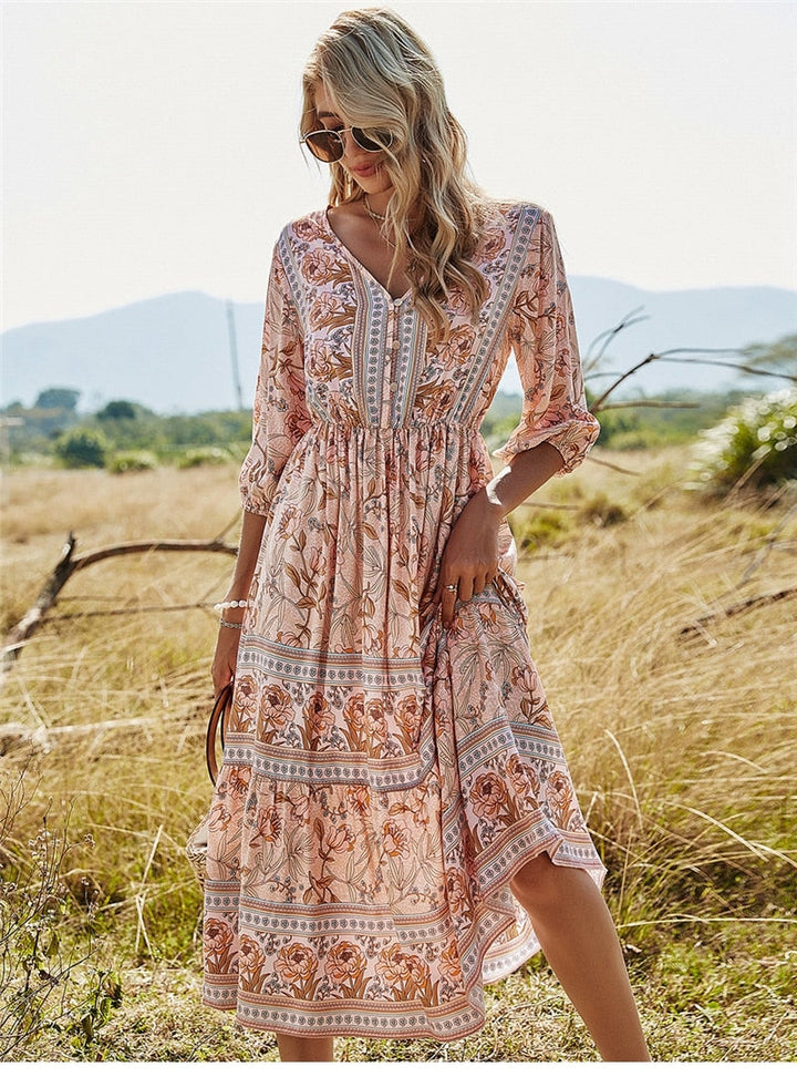 Abito lungo boho con motivo floreale – scollo a V e maniche 3/4 per donna