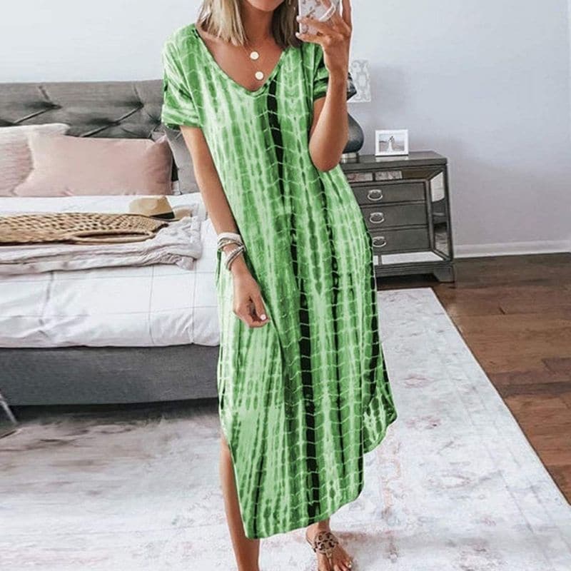 Elegante Boho-Chic Midi-Robe mit Tie-Dye Muster – V-Ausschnitt, Kurze Ärmel, Bequeme Passform