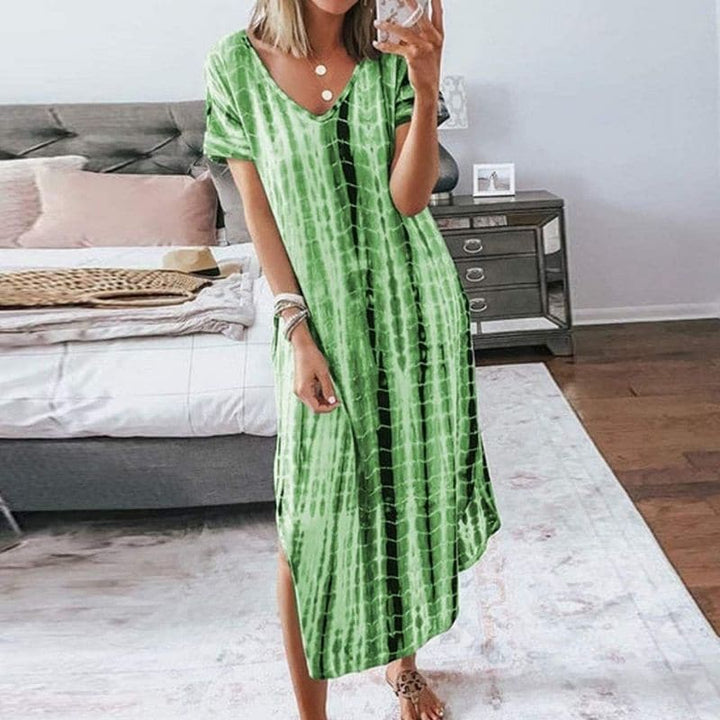 Elegante Boho-Chic Midi-Robe mit Tie-Dye Muster – V-Ausschnitt, Kurze Ärmel, Bequeme Passform