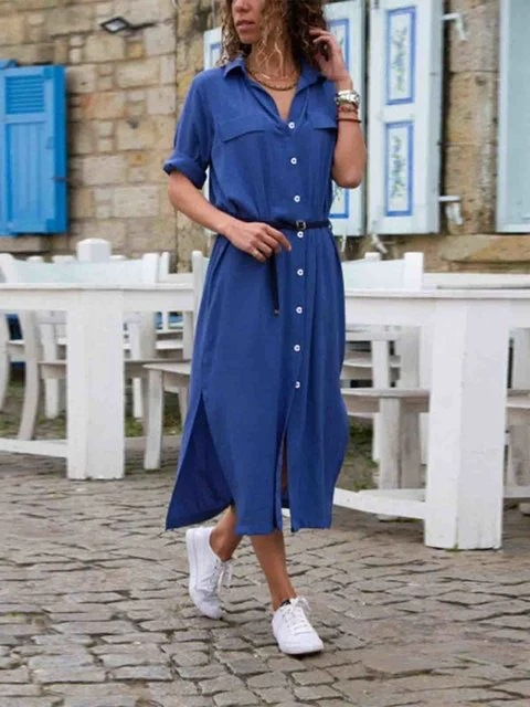 Vestito Camicia Midi Elegante – Fascino Rustico con Cintura in Vita