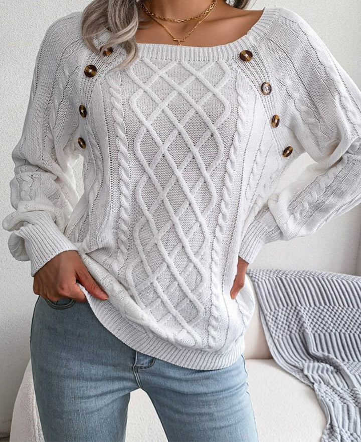 Edith Pullover | Gestrickter eleganter Damen-Pullover mit Knöpfen und Rippenmotiv
