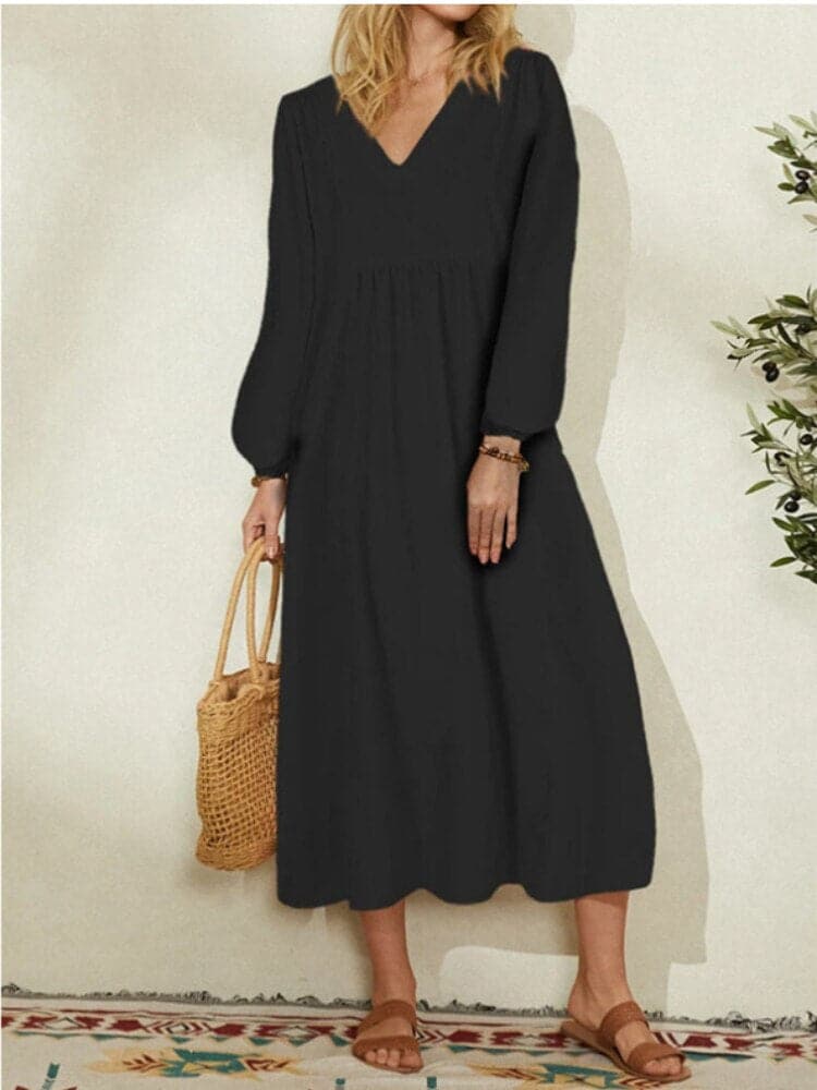 Robe Midi Élégance Bohème – Décolleté en V, Manches Longues, Taille Empire, Silhouette Aérienne