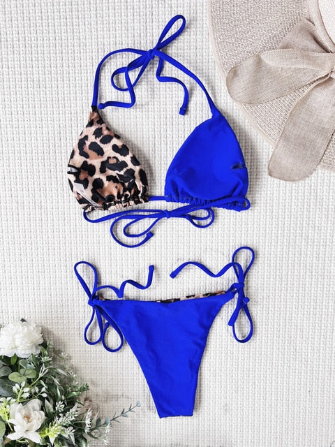 Set bikini sexy da donna con stampa leopardata e top a triangolo – da annodare per spiaggia e piscina