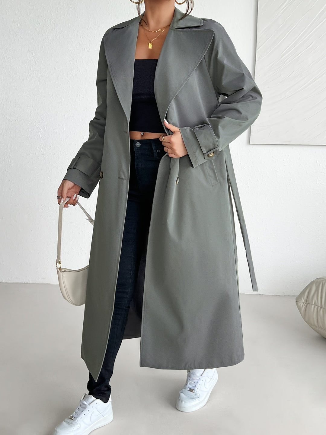 Lässiger einfarbiger Trenchcoat mit Gürtel für Damen | Perfekt für legere Tage
