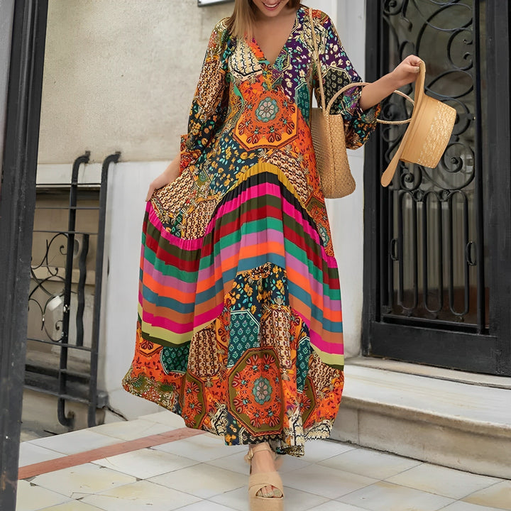 Robe longue style bohème avec décolleté en V et imprimé octogonal