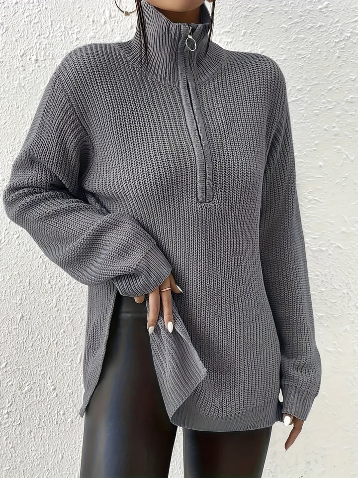 Pull en maille noir pour femme avec fermeture éclair – Pull oversize avec col montant