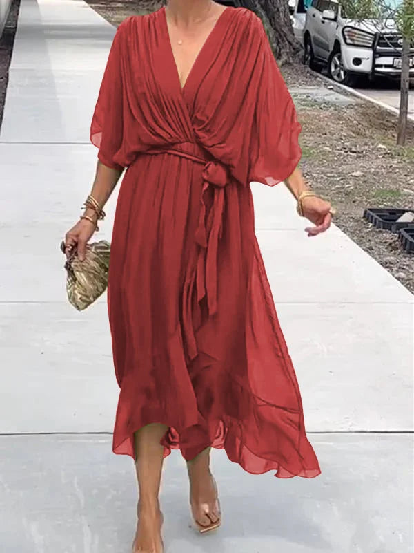Abito lungo da donna con effetto incrociato – Abito estivo arioso con scollo a V e cintura da annodare – Elegante abito da spiaggia con maniche a pipistrello