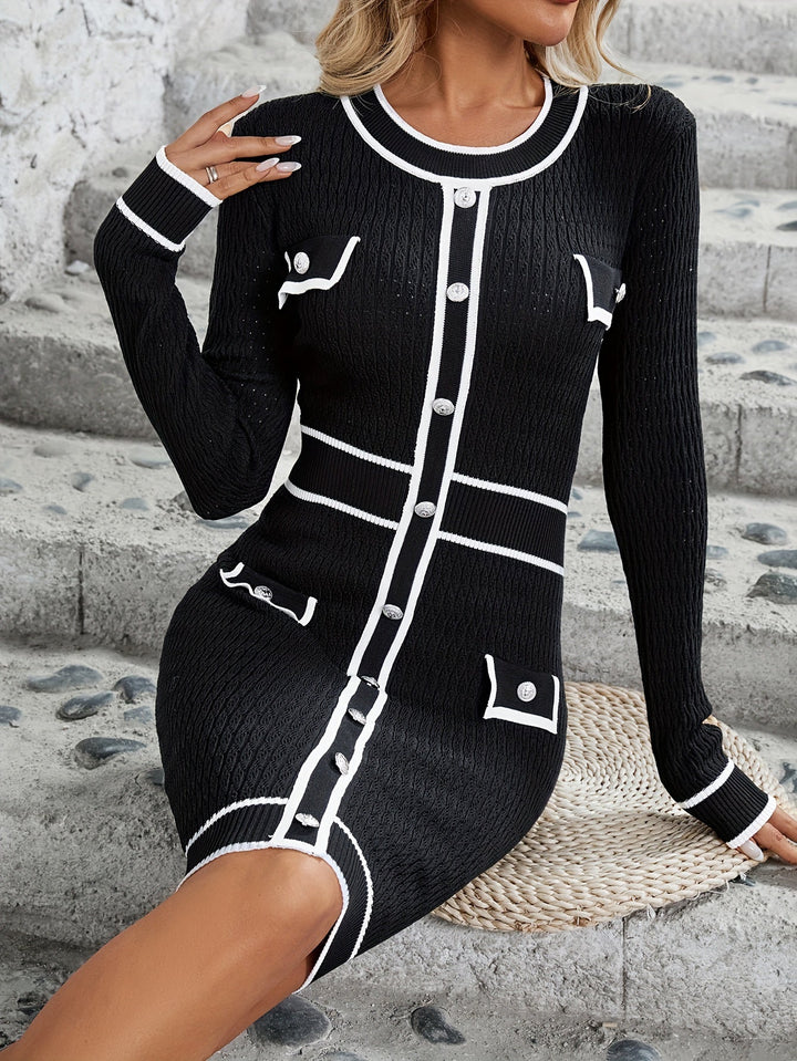 Lässig bloc de couleur rayé tricoté manches longues col rond décoration bouton robe formelle pour femmes | pour occasions formelles