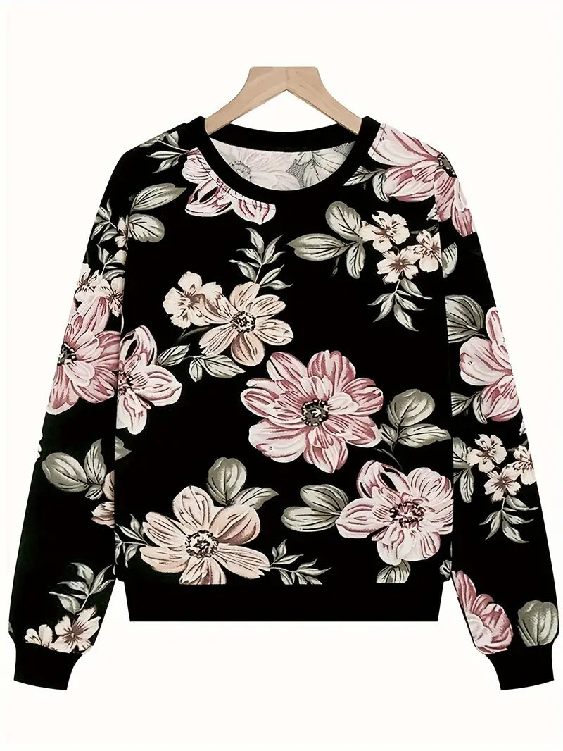 Pull douillet à manches longues avec motif floral et col rond