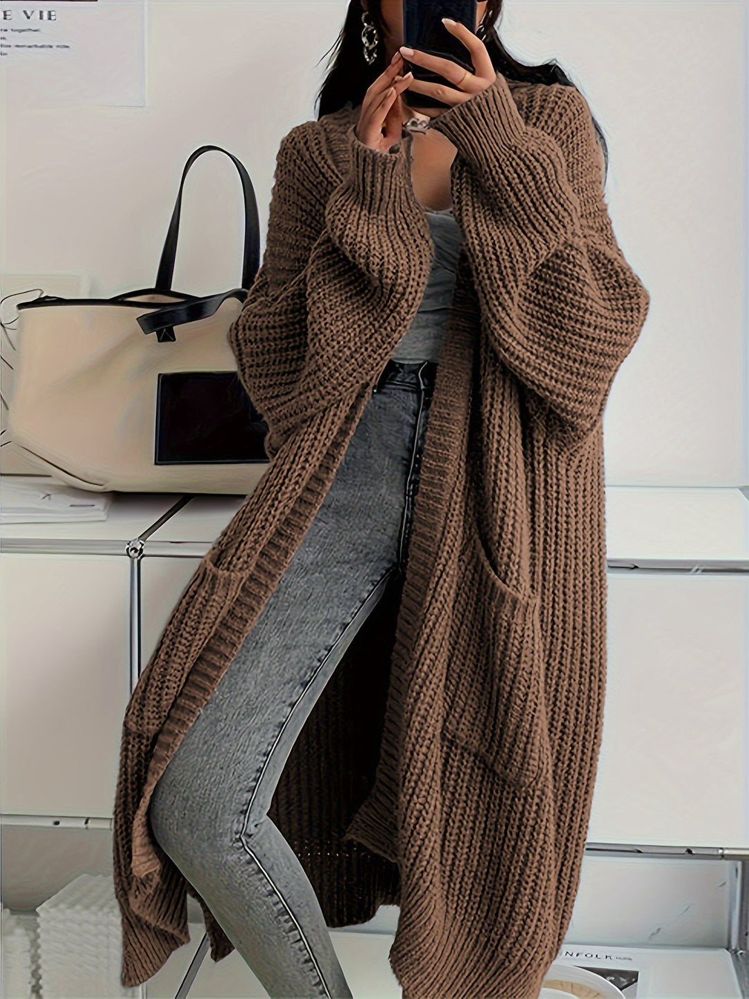 Lässiger Lange Aufgenähte Taschen Wolle Strickjacke Für Damen | Perfekt für Alltag