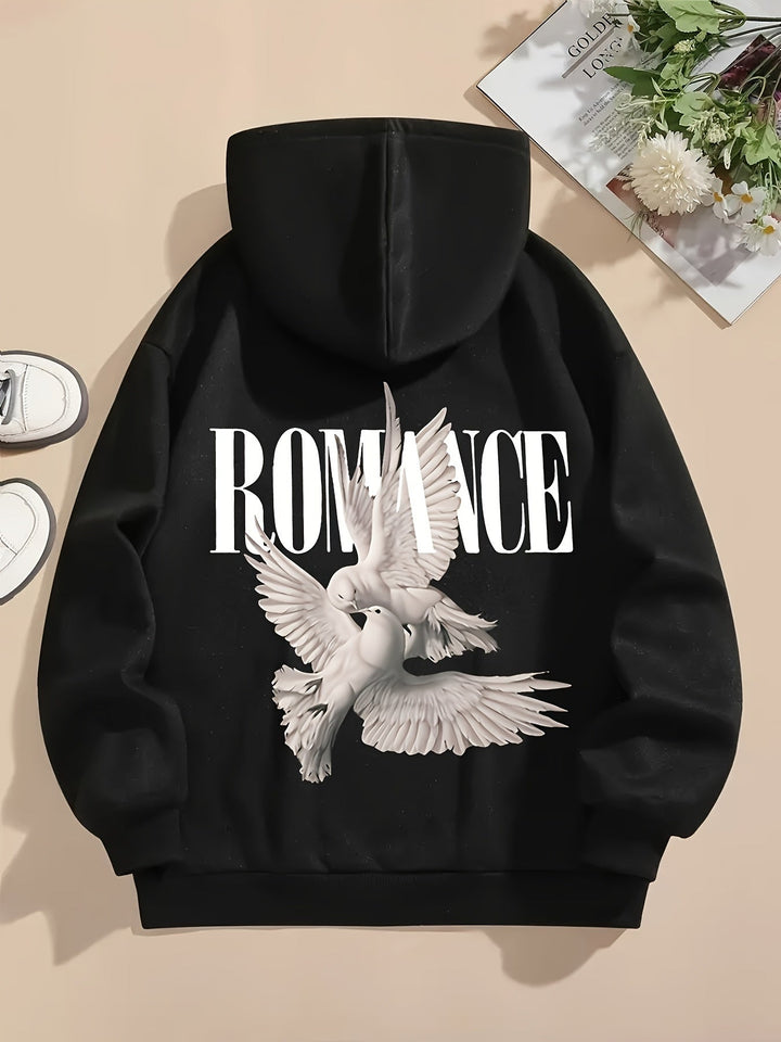 Sweat à capuche oversize femme avec imprimé « Romance » et motif pigeons – style streetwear