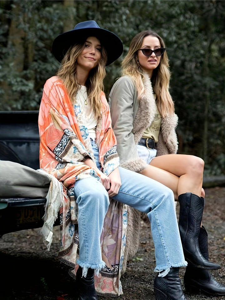 Kimono lungo con motivo floreale – Abito lungo boho con cintura e taglio ampio