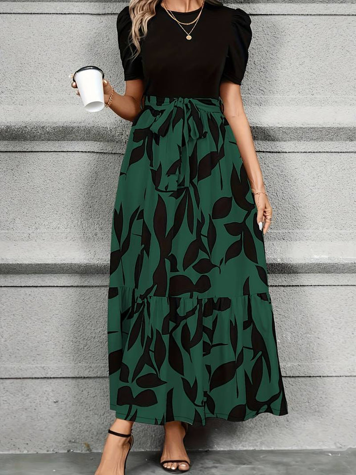 Abito lungo da donna con cintura in vita – Elegante abito casual con stampa foglie per tutti i giorni, ufficio e occasioni estive