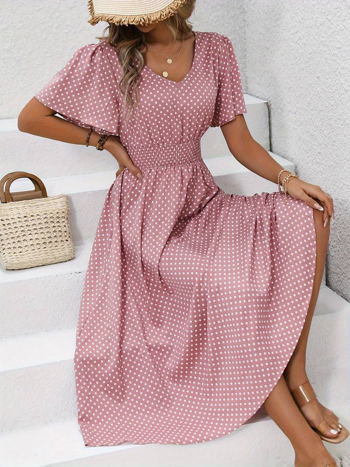 Abito midi da donna con pois e coulisse – Abito estivo arioso con scollo a V e maniche corte