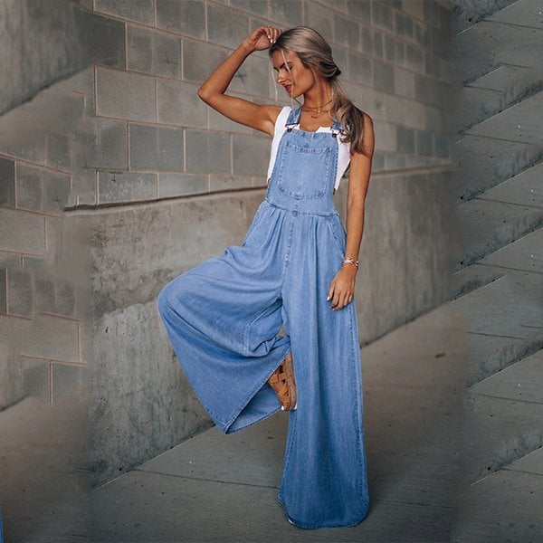 Salopette da donna in denim – vestibilità ampia della gamba con vibrazione retrò