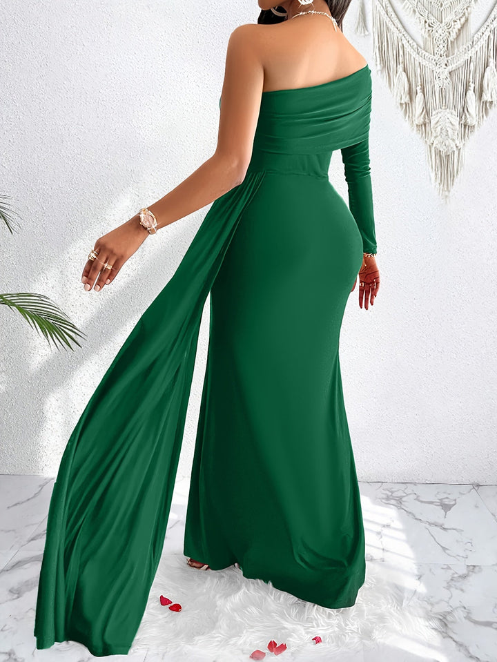 Elegante abito formale lungo da donna in cotone con spalla asimmetrica, fluido e arricciato | Per occasioni ufficiali