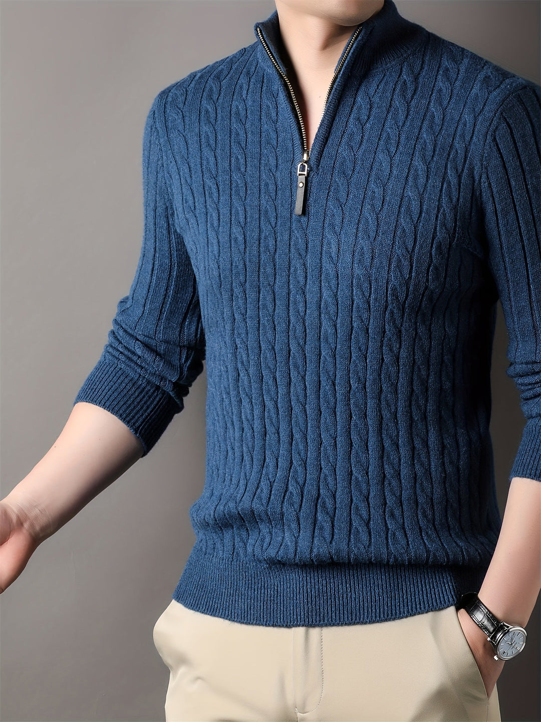 Donnell - Pull décontracté pour homme en tricot torsadé avec fermeture éclair