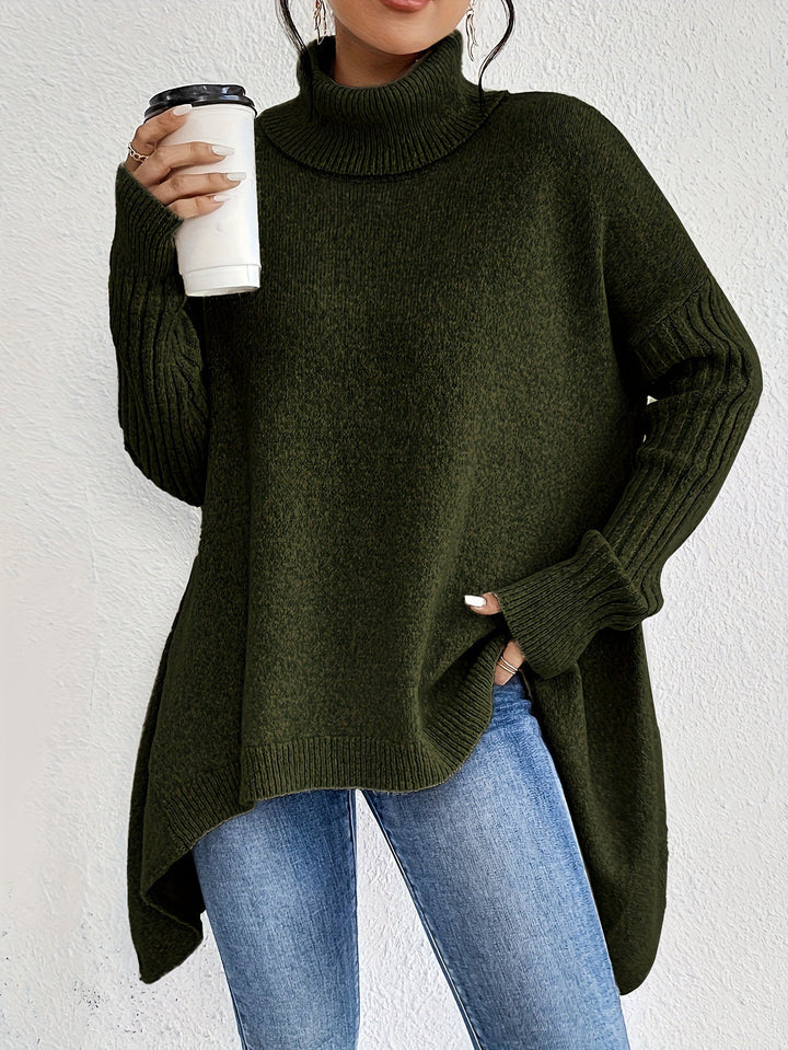 Vintage Baumwoll-Rollkragenpullover mit asymmetrischem Saum und langen Ärmeln Pullover Damen | Perfekt für den Alltag