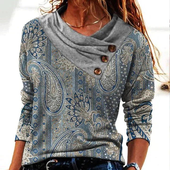 Pull-over à manches longues pour femmes avec motif bohème paisley et col châle