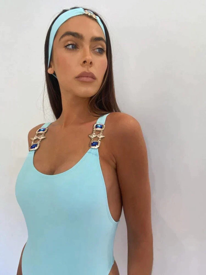 Maillot de bain élégant pour femme avec bretelles ornées – Une pièce gainante pour la plage et la station balnéaire