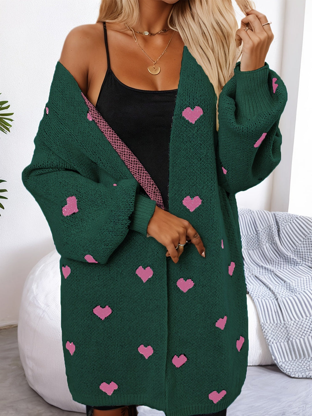 Cardigan in lana elegante con motivo a cuore e lunghezza lunga per donna | Ideale per l'inverno