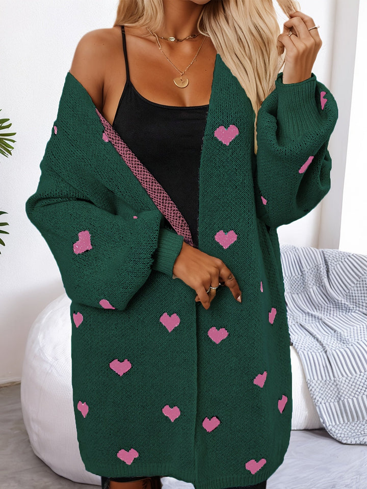 Cardigan in lana elegante con motivo a cuore e lunghezza lunga per donna | Ideale per l'inverno