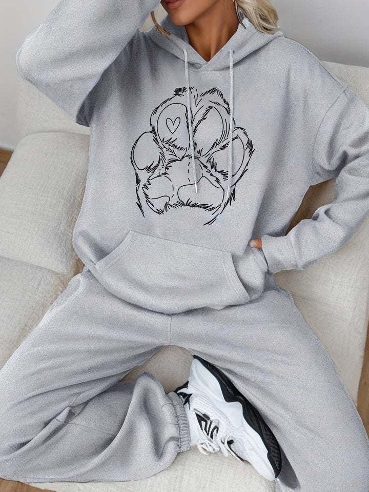 Sweat-shirt décontracté en coton avec motif pattes & pantalon de jogging pour femmes | Idéal pour automne/hiver