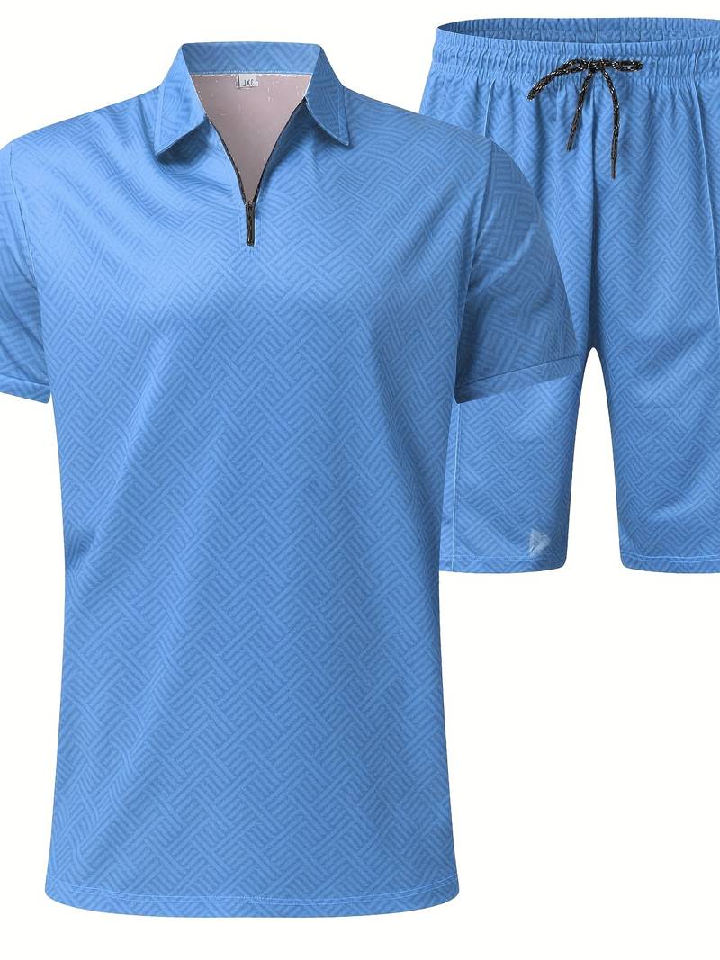 Herren Sommer Set mit Reißverschluss-Poloshirt & Shorts – Zweiteiliges Outfit mit Muster für Urlaub, Freizeit & Strand