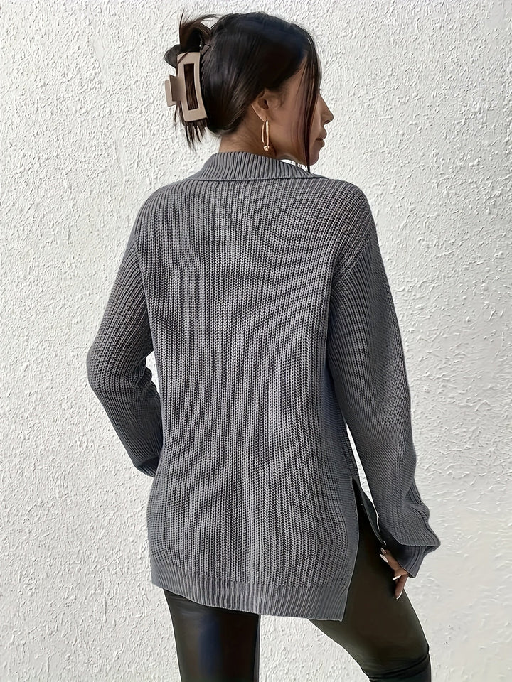Pull en maille noir pour femme avec fermeture éclair – Pull oversize avec col montant