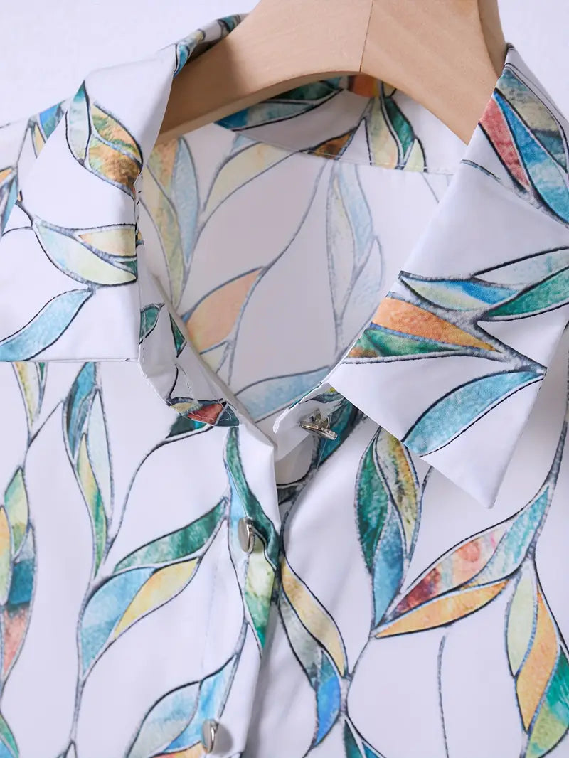 Damen Bluse mit Blattmuster – Elegante Satin-Hemdbluse mit Knöpfen & V-Ausschnitt – Sommer Oberteil für Büro & Freizeit