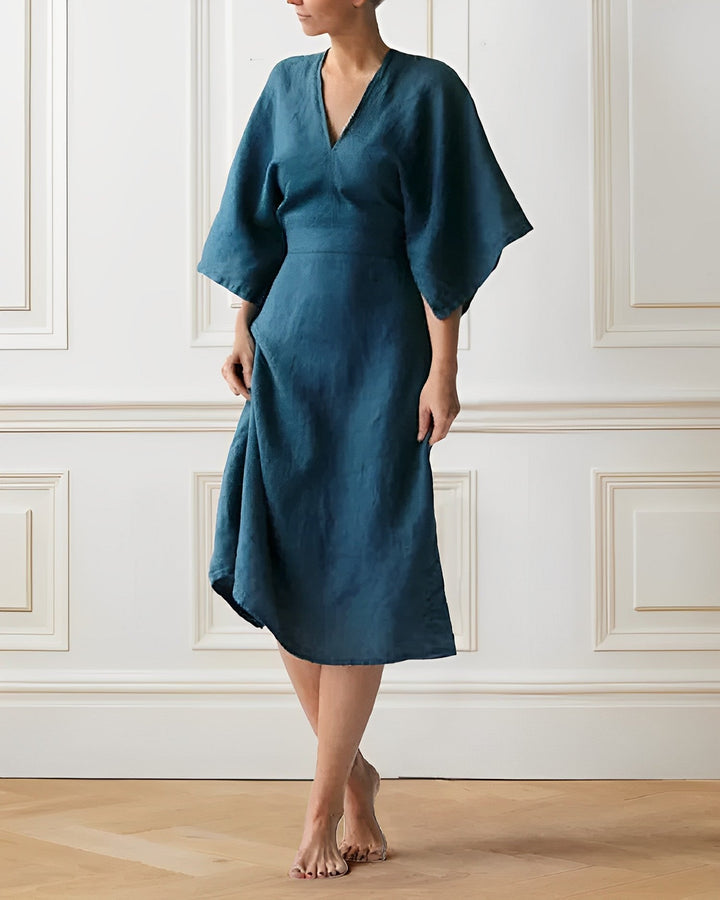 Vestito leggero da donna con scollo a V – Abito midi stile lino ampio con manica larga
