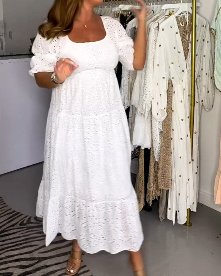 Robe Midi à Œillets – Décolleté Classique, Manches Bouffantes, Taille Cintrée