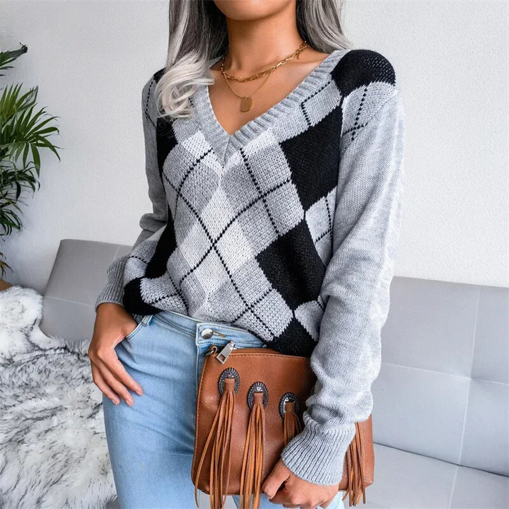 Natalia - pull d'hiver avec col en V et motif à carreaux