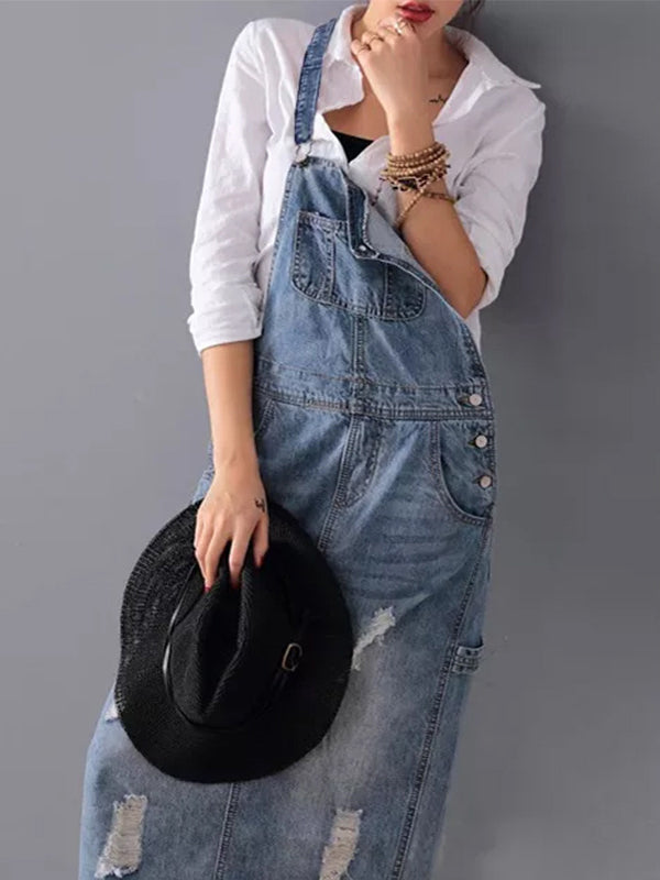 Combinaison en jean vintage pour femmes – Salopette décontractée avec bretelles réglables et aspect usé