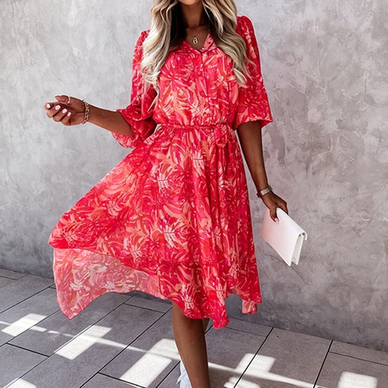 Robe Florale Blossom Breeze – Décolleté en V, Taille Élastique, Manches Flottantes